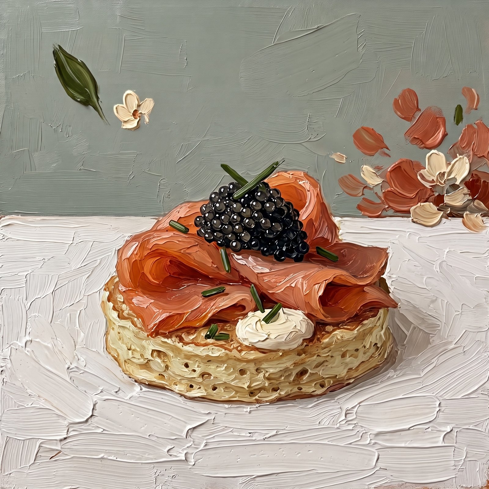Oil painting close-up of one small crepe with smoked salmon and caviar on white painted wood