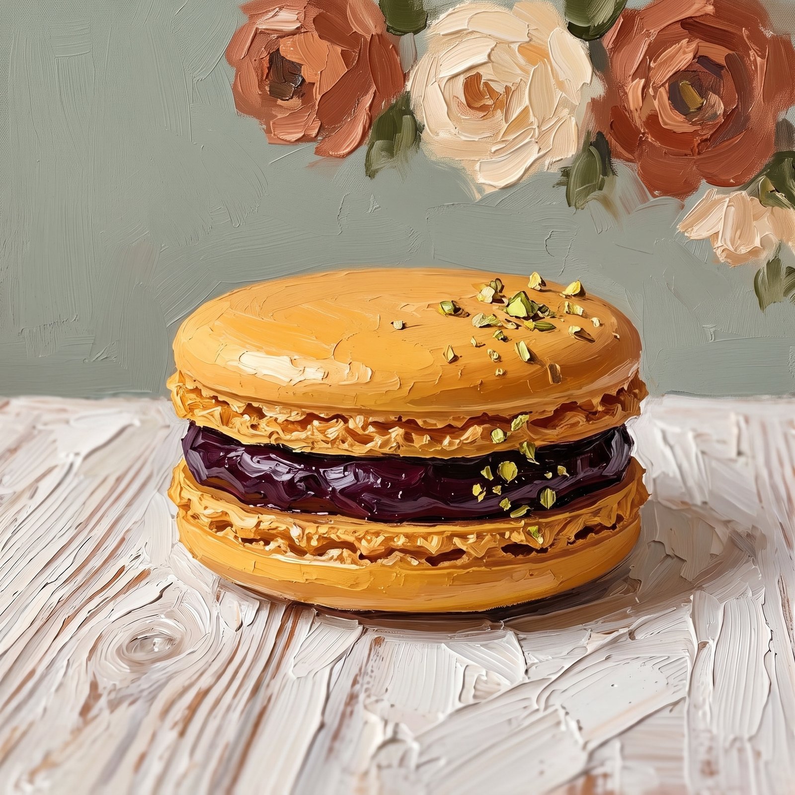 Oil painting close-up of one macaron with blackberry filling on white painted wood