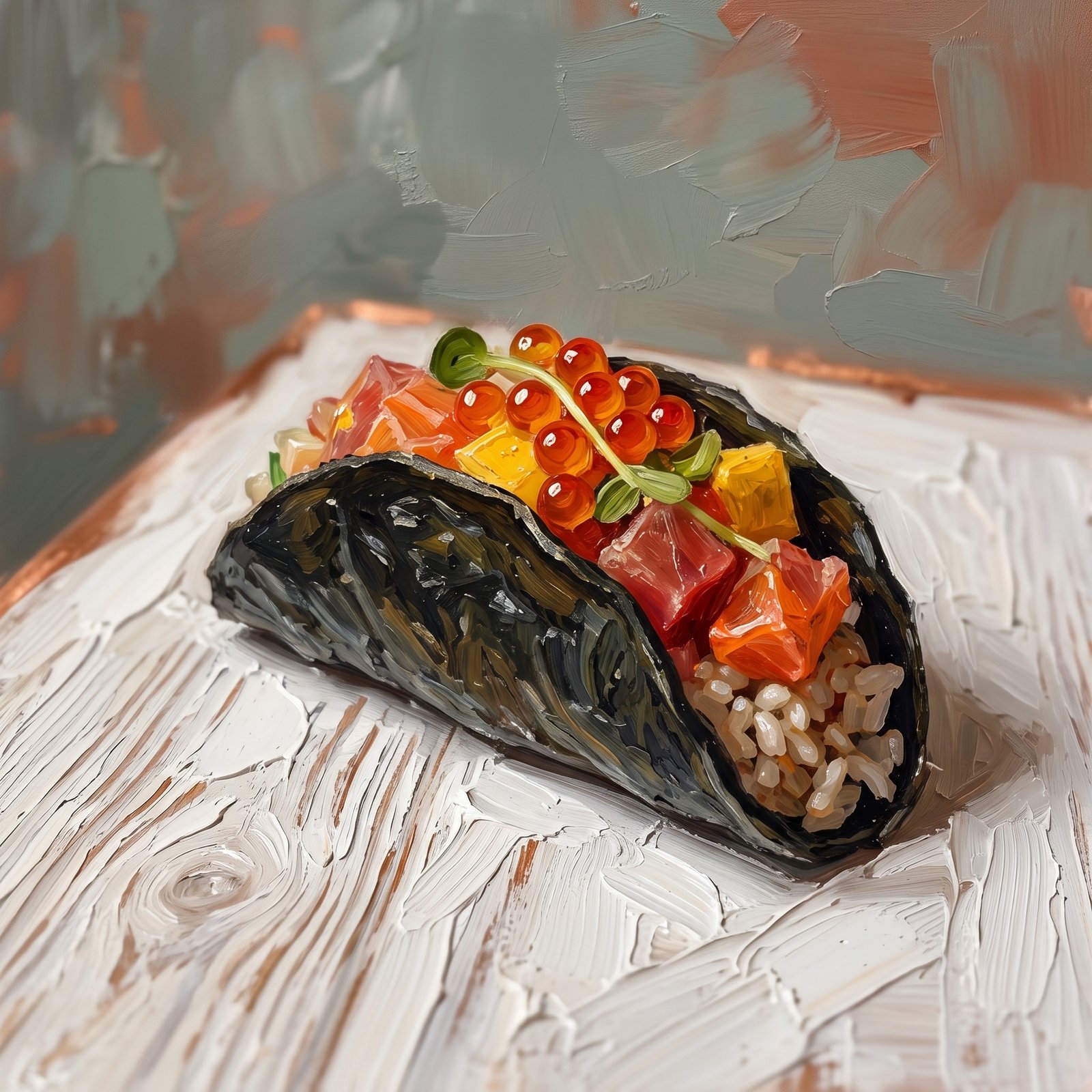 Oil painting of one Nikkei sushi taco on white painted wood