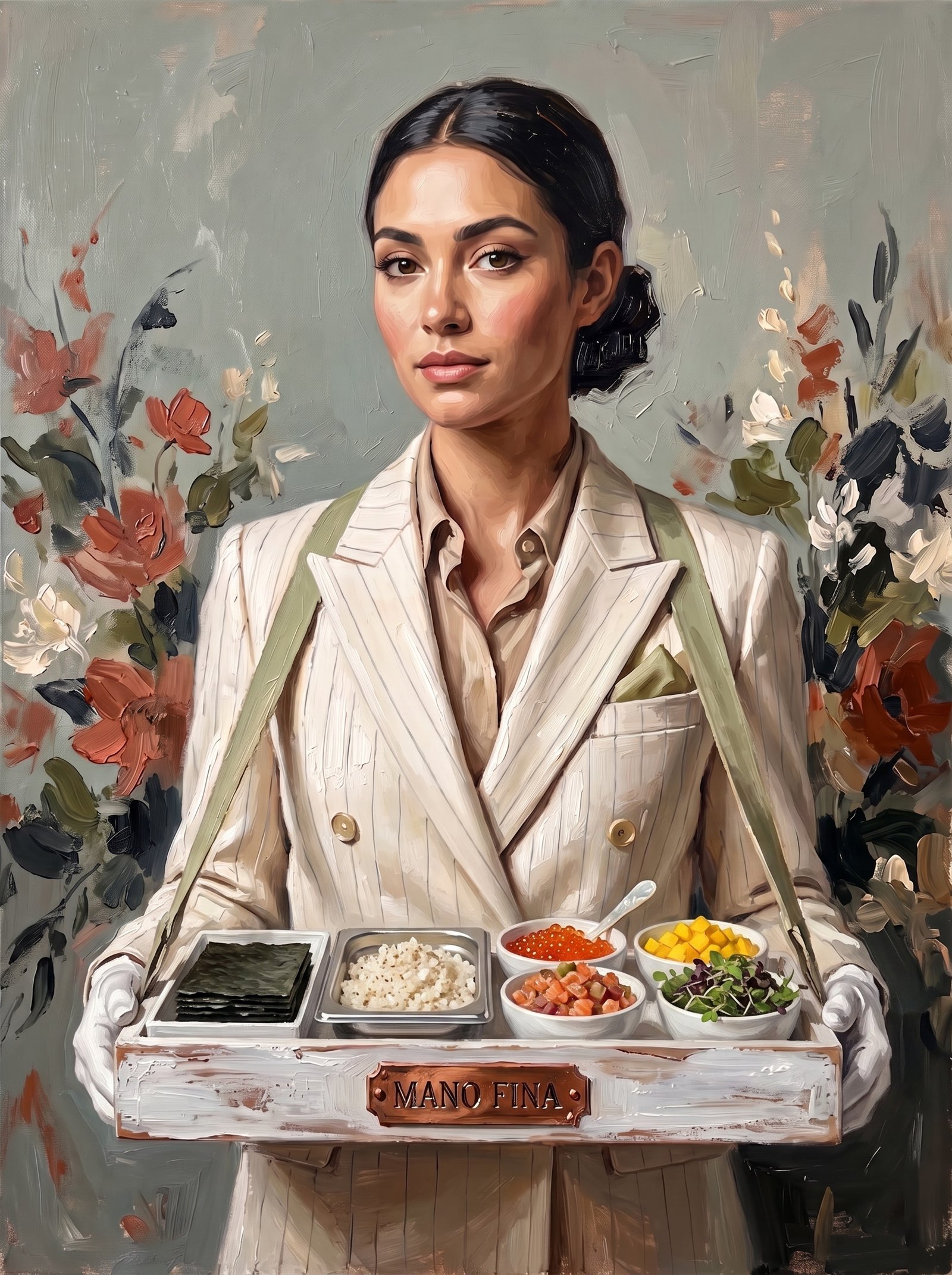 Oil painting of the Mano Fina server in cream pinstripe carrying the white wooden tray on olive straps, the engraved copper plaque facing the viewer