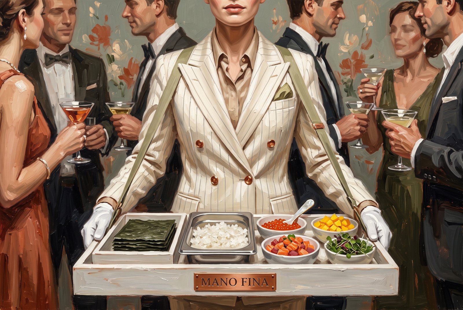 Oil painting of the server offering a taco to a guest during a cocktail party