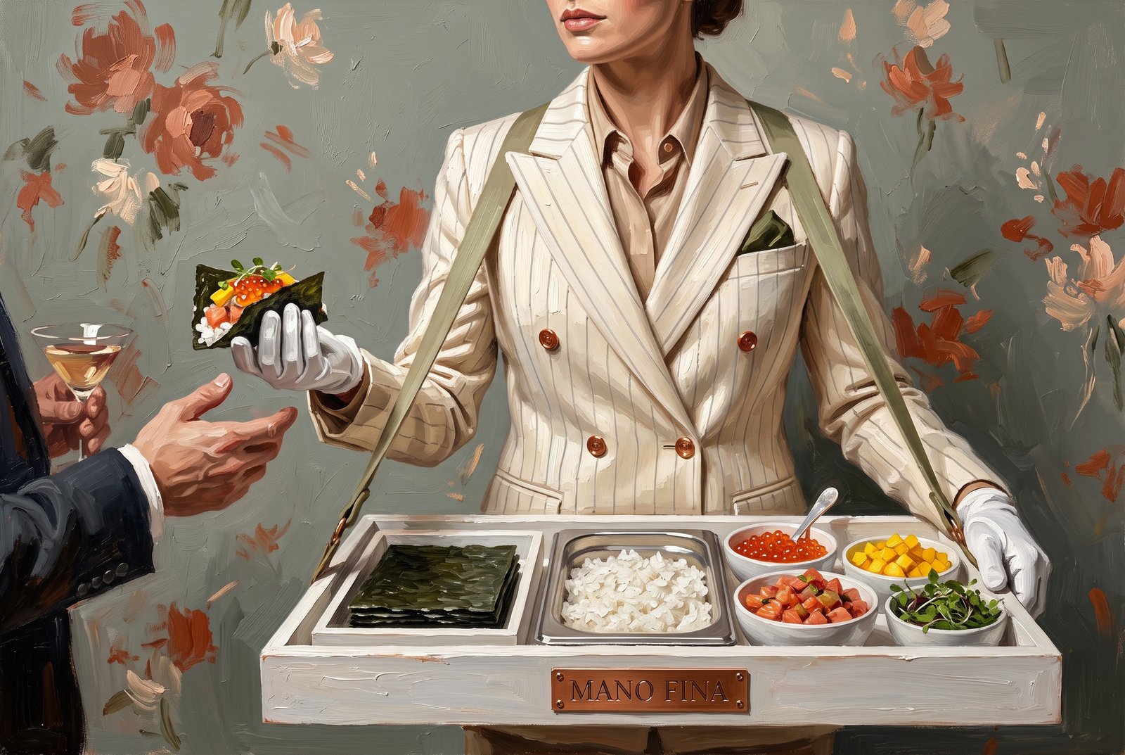 Oil painting of the server handing a Nikkei sushi taco to a guest, the tray at her waist laid out with nori, rice, ikura and tartar