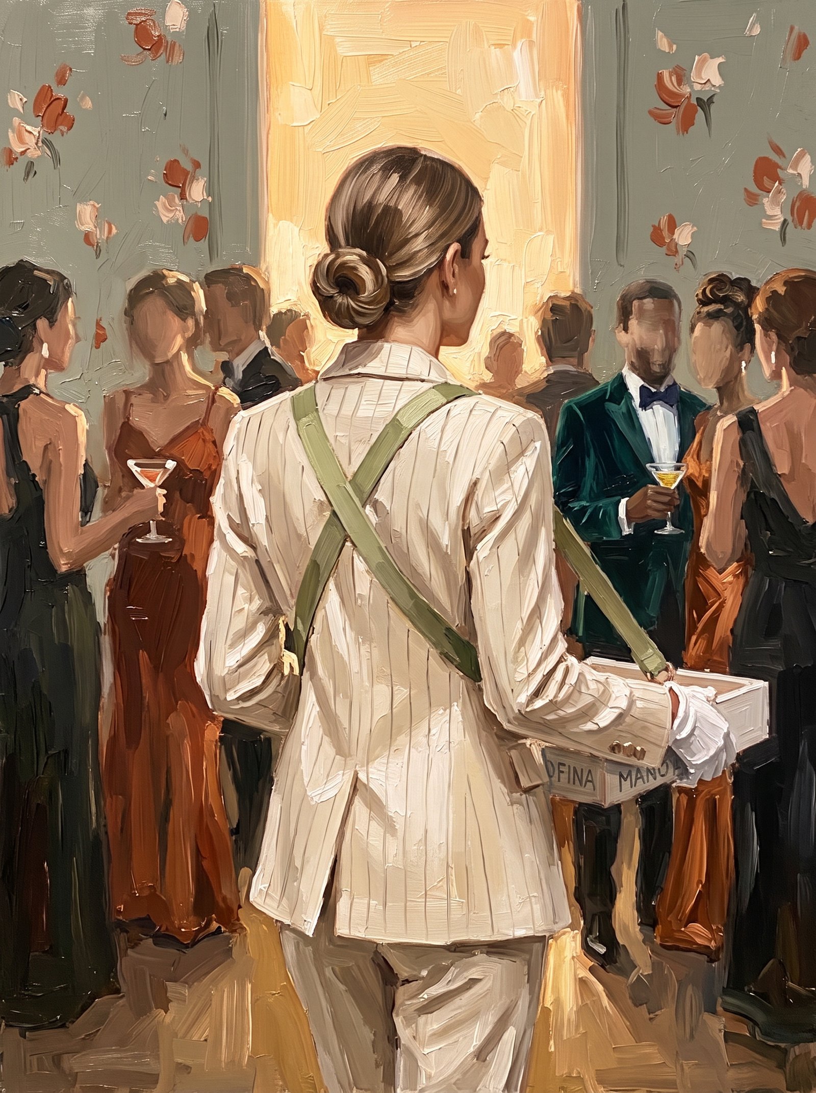 Oil painting of the server walking away through a crowd, olive straps crossing her back
